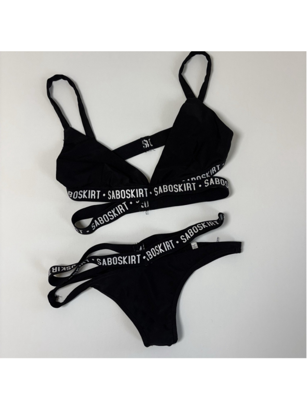 Sabo Skirt Bikini Set Black Logo Band Triangle Top High Cut Bottom SZ Small Swim